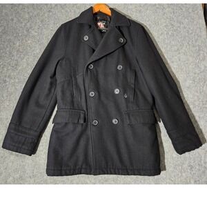 Volcom Polska Jacket Men Medium Black Wool Blend Double Breasted Pea Coat